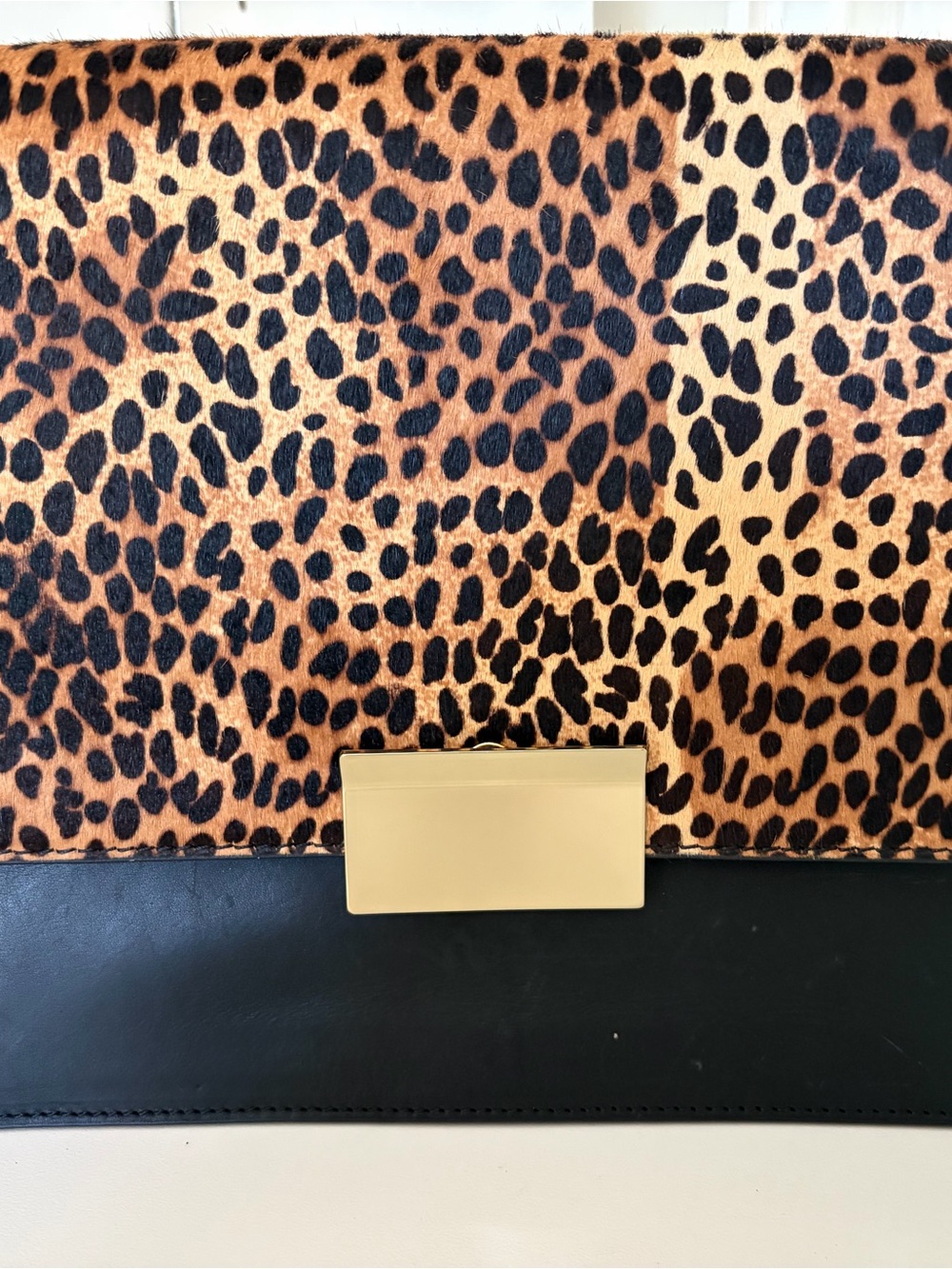 Vince Camuto Black Leopard Calfhair Chain Shoulder Bag with Gold Logo